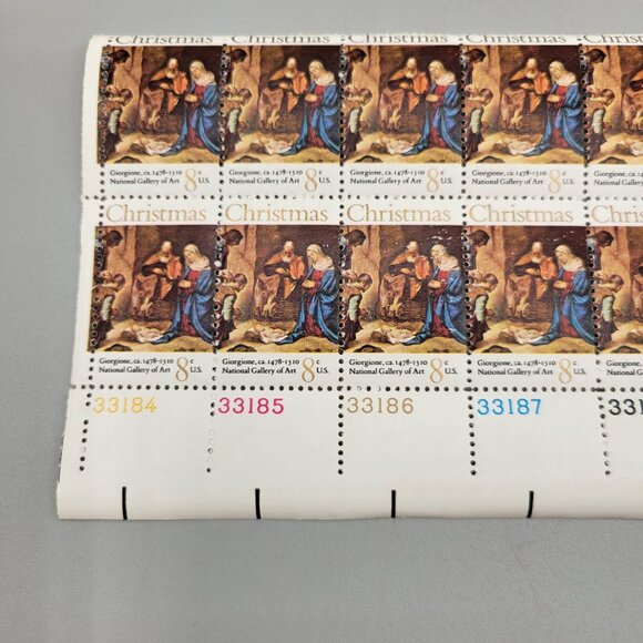 1970s USPS Christmas Giorgione ca. 1478-1510 Pane of 12 8 Cent Stamps - Picture 2 of 4